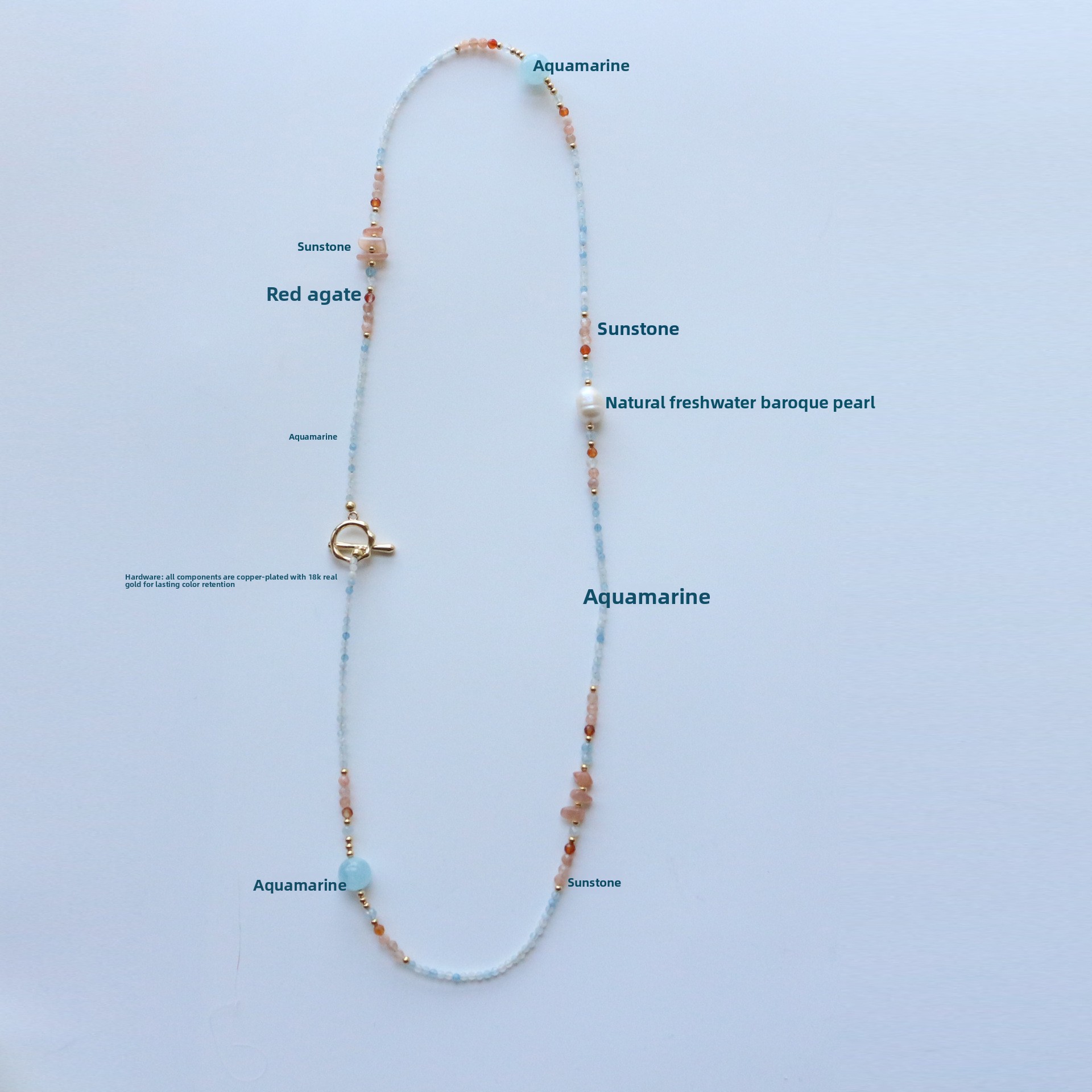 Warm Tone Natural Stone Long Necklace Sky Blue Orange Beaded Layering Sweater Chain