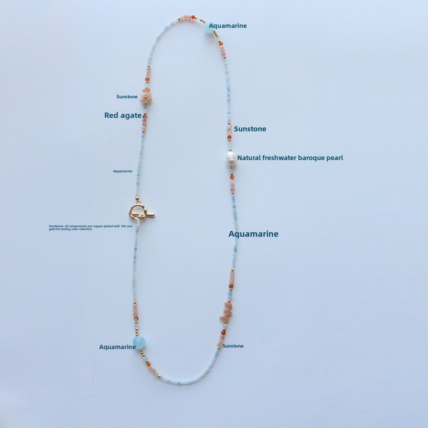 Warm Tone Natural Stone Long Necklace Sky Blue Orange Beaded Layering Sweater Chain