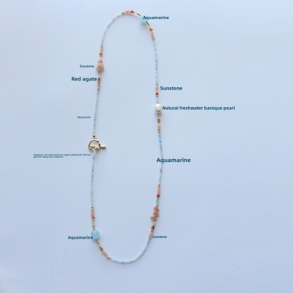Warm Tone Natural Stone Long Necklace Sky Blue Orange Beaded Layering Sweater Chain