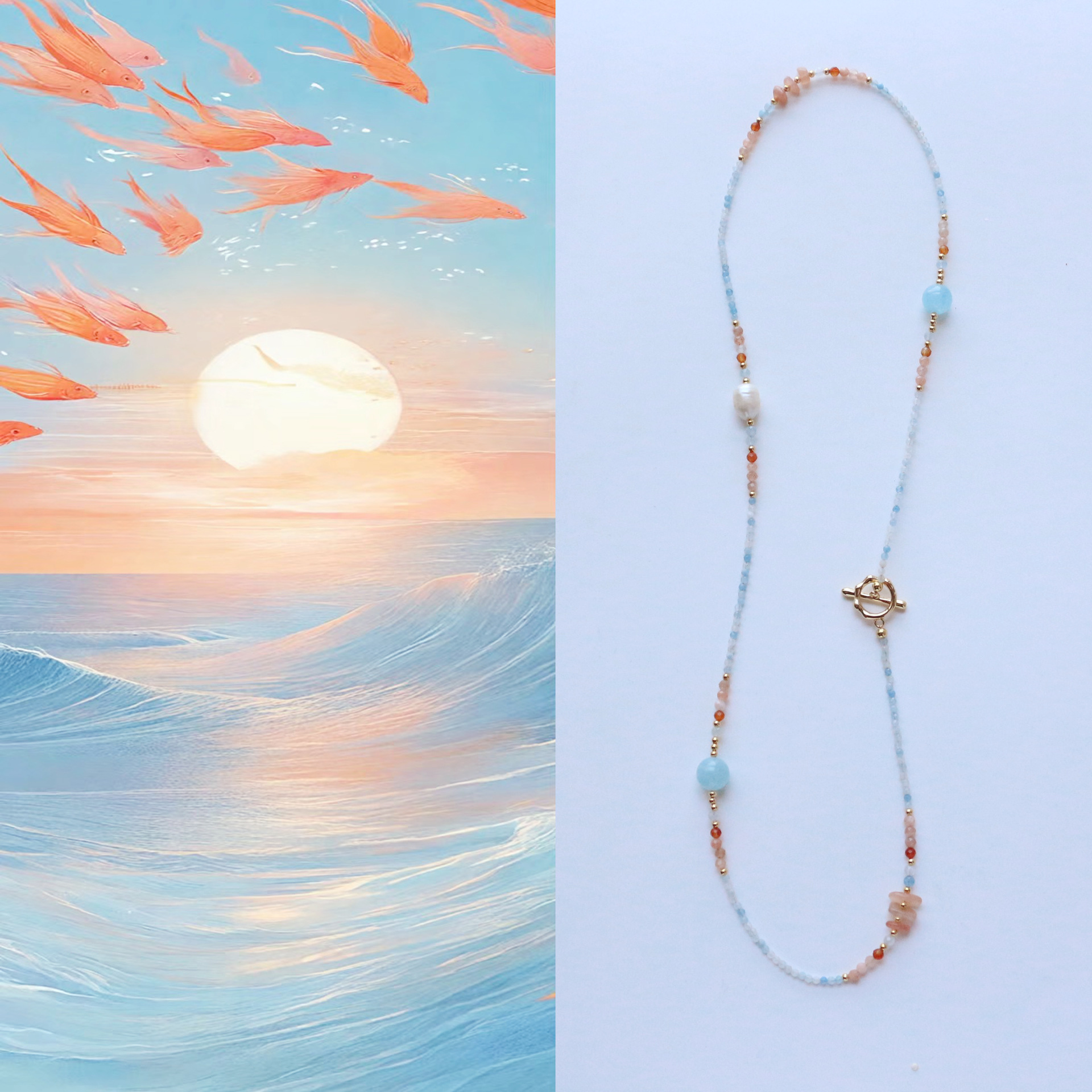 Warm Tone Natural Stone Long Necklace Sky Blue Orange Beaded Layering Sweater Chain
