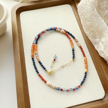 Dopamine Natural Stone Beaded Necklace Red Orange Blue High Saturation Gold Plated Adjustable Choker for Women