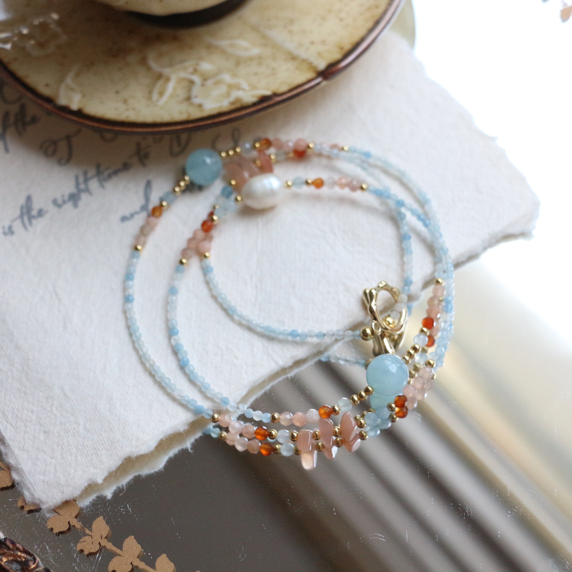 Warm Tone Natural Stone Long Necklace Sky Blue Orange Beaded Layering Sweater Chain