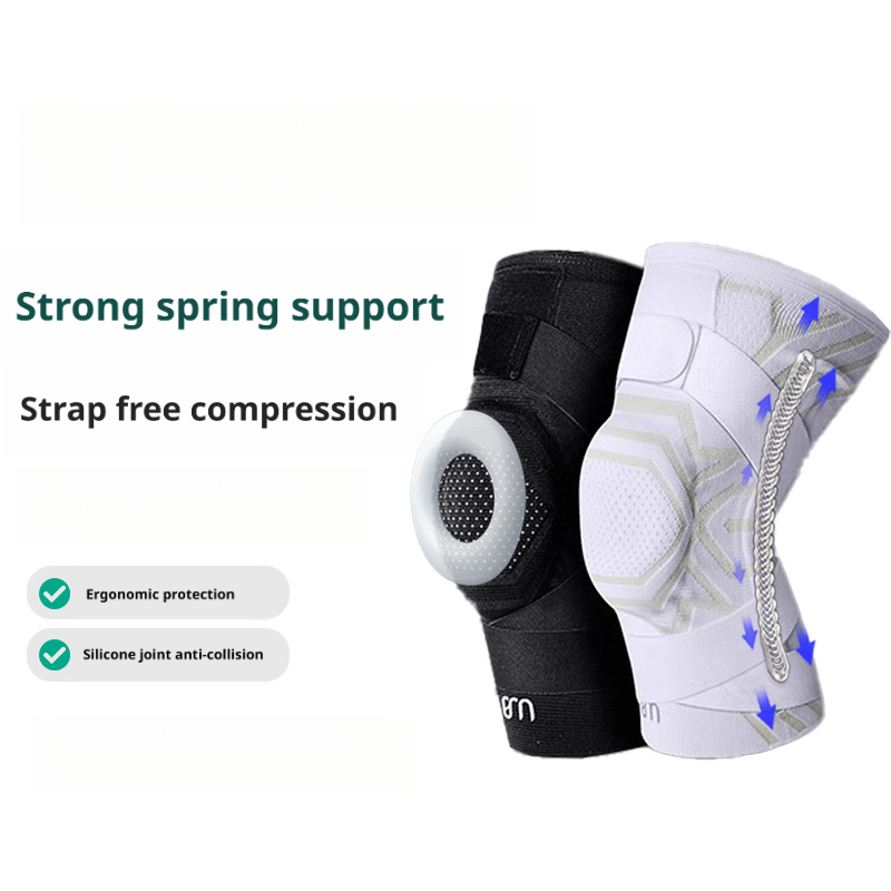 Spring-supported double-strap knee brace, meniscus stabilizer with silicone anti-collision protection