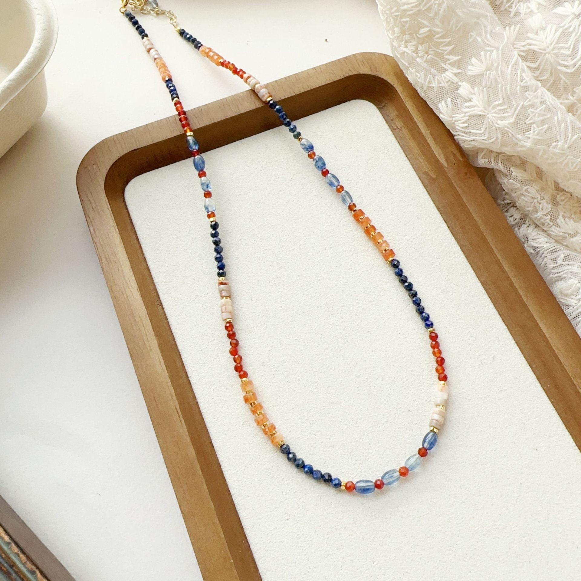 Dopamine Natural Stone Beaded Necklace Red Orange Blue High Saturation Gold Plated Adjustable Choker for Women