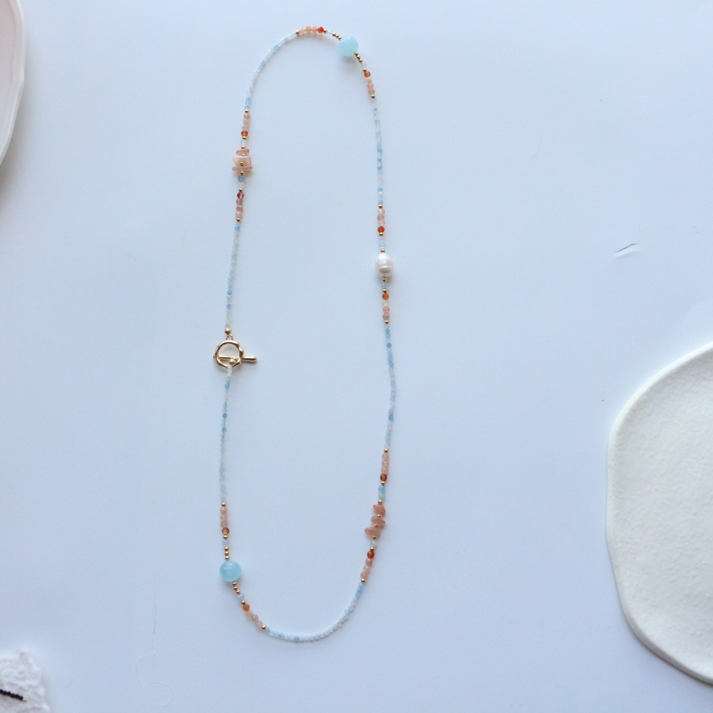 Warm Tone Natural Stone Long Necklace Sky Blue Orange Beaded Layering Sweater Chain