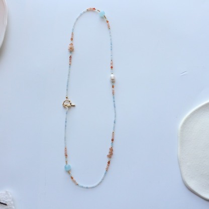 Warm Tone Natural Stone Long Necklace Sky Blue Orange Beaded Layering Sweater Chain