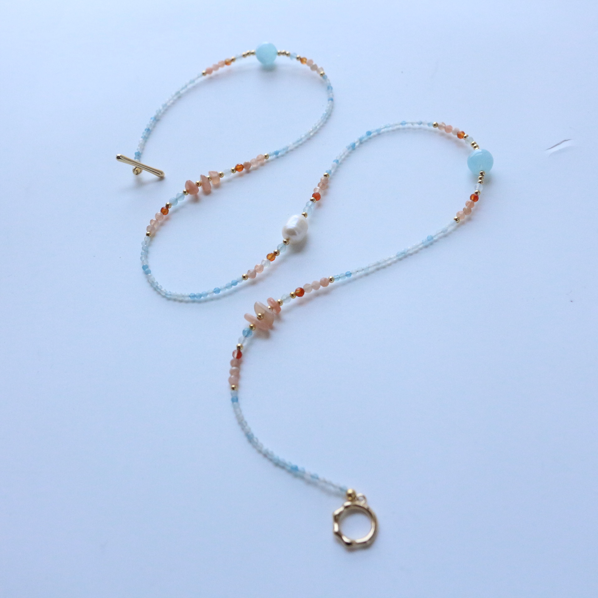 Warm Tone Natural Stone Long Necklace Sky Blue Orange Beaded Layering Sweater Chain
