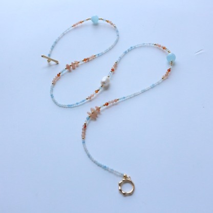 Warm Tone Natural Stone Long Necklace Sky Blue Orange Beaded Layering Sweater Chain