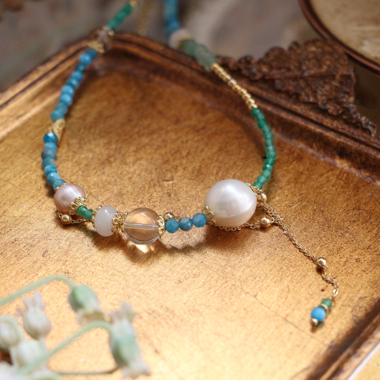 Dopamine Natural Stone Pearl Necklace Blue Green High Saturation Light Luxury Adjustable Choker for Women