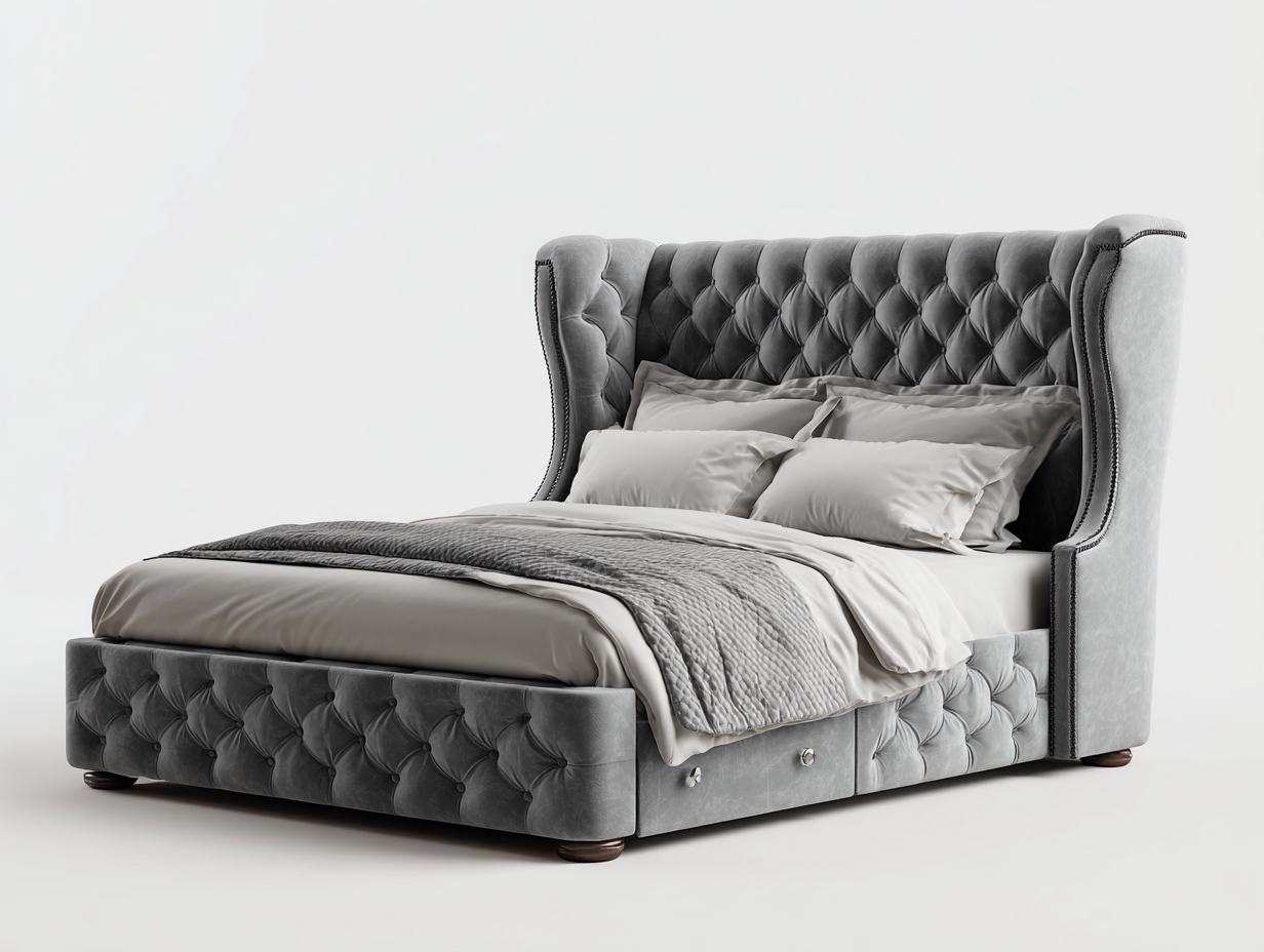 Lit double capitonné tissu 210x170x120 cm - Gris clair - Design classique avec rangements intégrés-Luxegoio