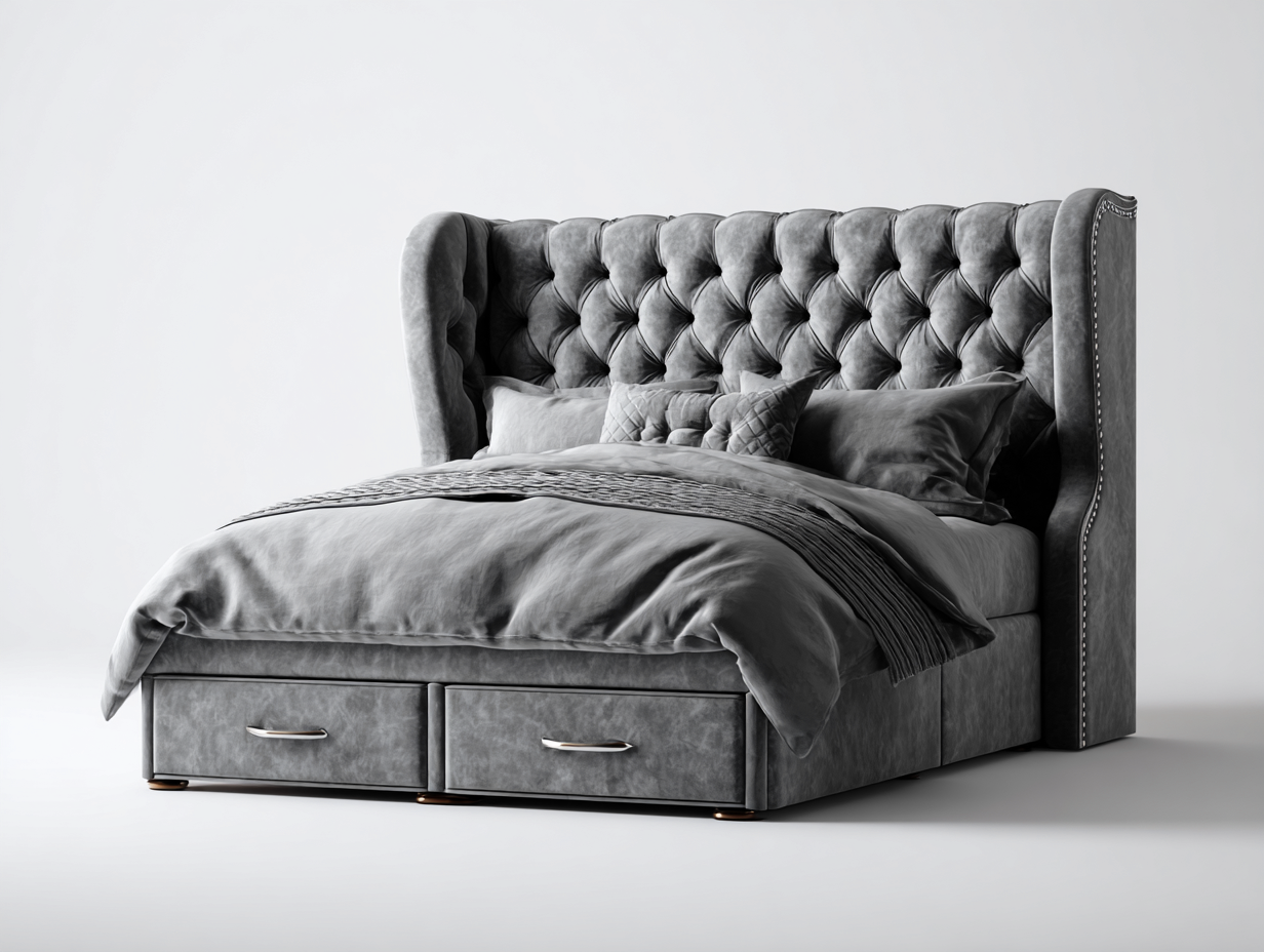 Lit double tapissé tissu velours 210x170x115 cm - gris foncé - design capitonné avec rangement-Luxegoio