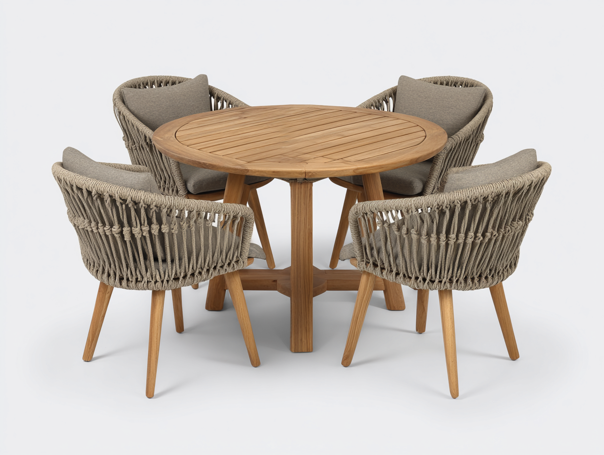 Salon de jardin repas en bois et corde 120x120x75 cm - Bois naturel - Style contemporain convivial-Oakupyard