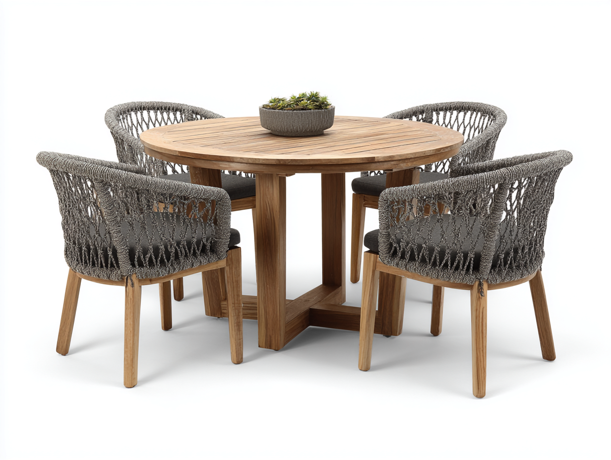 Salon de jardin repas en bois avec table ronde et 4 fauteuils 120x120x75 cm - naturel-gris - design contemporain-Oakupyard