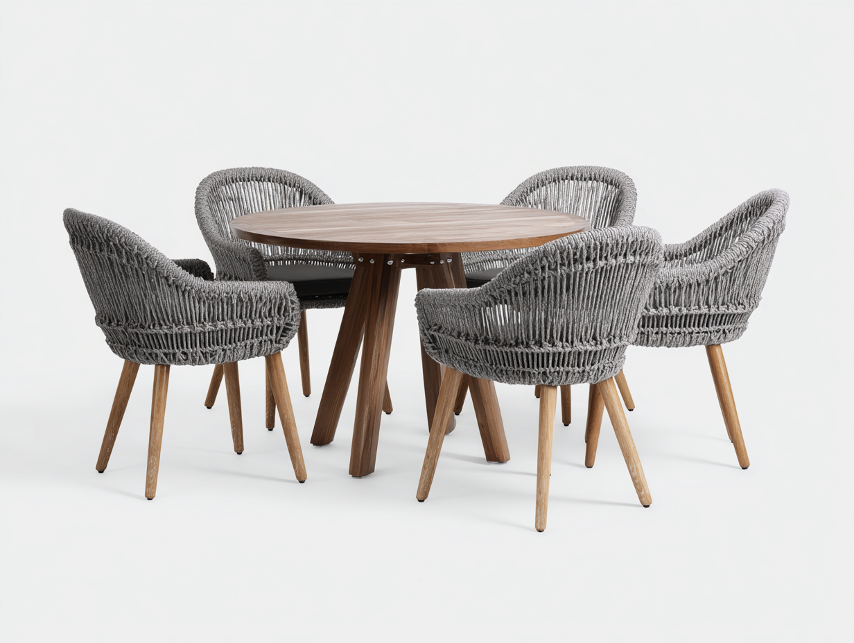 Salon de jardin repas table ronde bois et chaises tressées 120x120x75 cm - Gris-Bois naturel - Style contemporain pour extérieur-Oakupyard