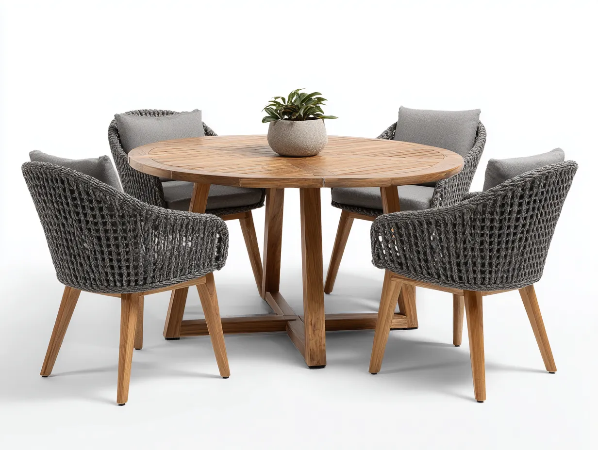 Set da pranzo da esterno - legno-corda-tessuto - 125x125x75 cm - grigio-naturale - stile contemporaneo-Sofagolab