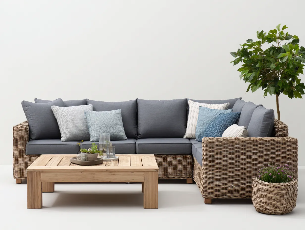 Divani da esterno - rattan-tessuto-legno - 280x180x80 cm - naturale-grigio - stile lounge moderno-Sofagolab