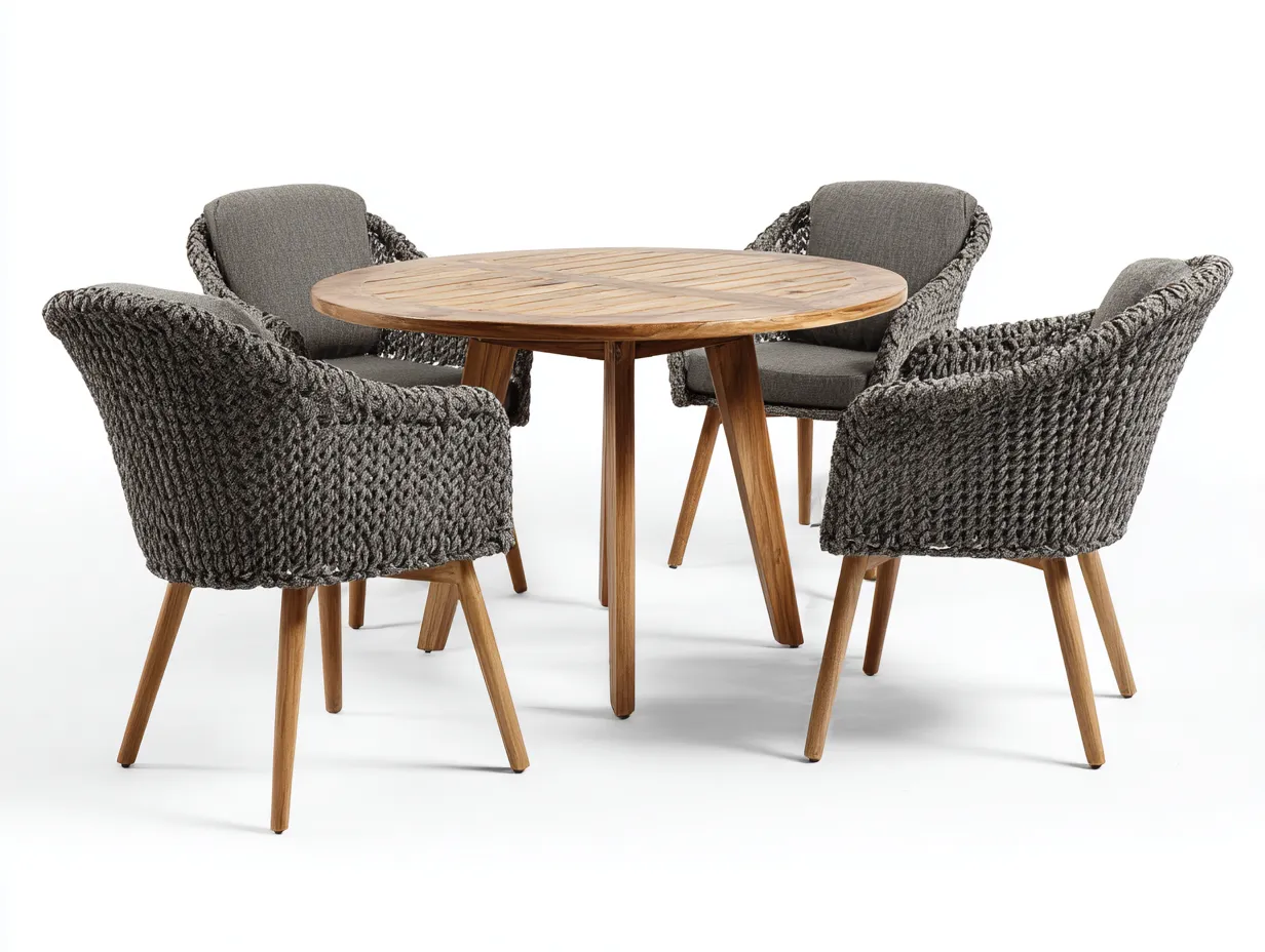 Set da pranzo da esterno - legno-corda-tessuto - 115x115x76 cm - grigio-naturale - stile contemporaneo-Sofagolab