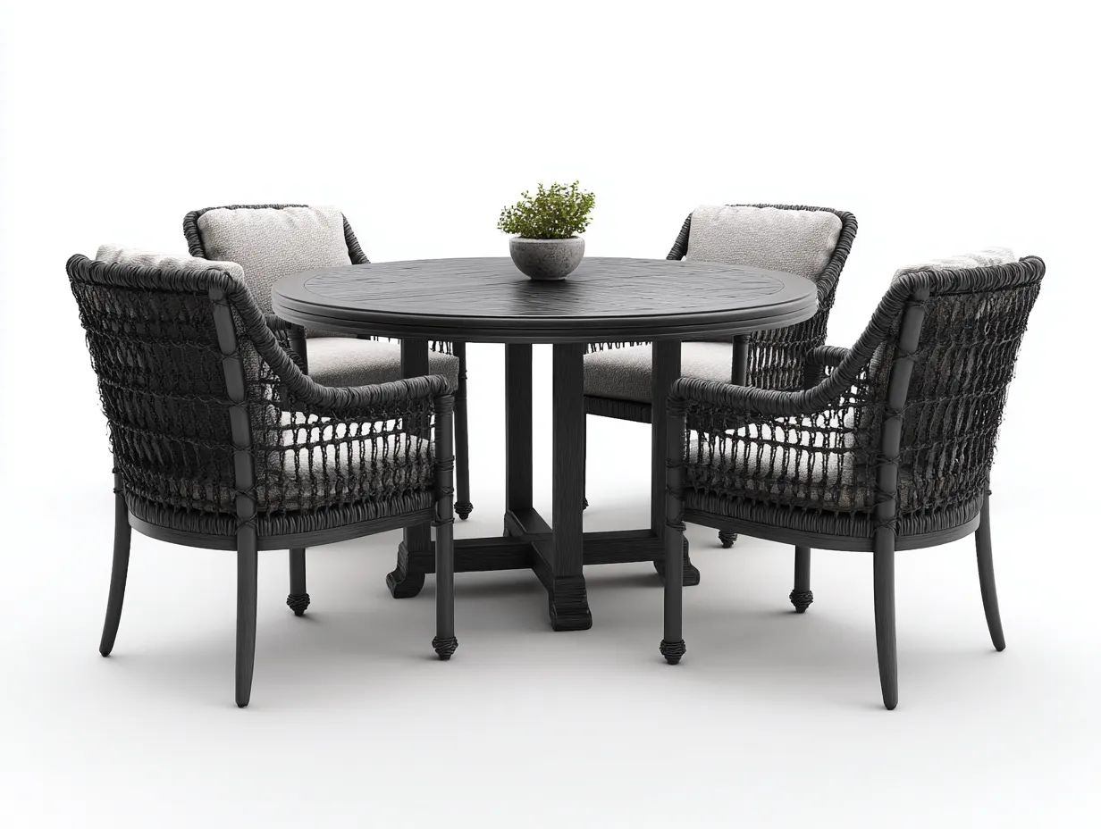Set da pranzo da esterno - metallo-corda-tessuto - 135x135x74 cm - nero-grigio - stile raffinato-Sofagolab