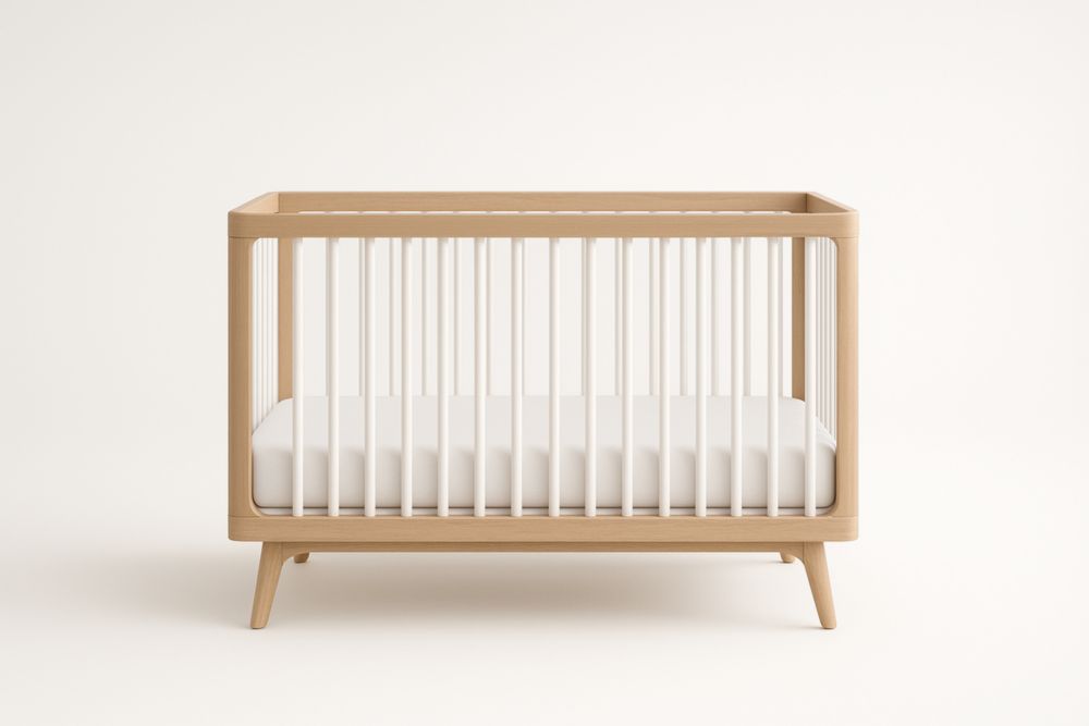 Lit bébé en bois et hêtre avec barreaux blancs
