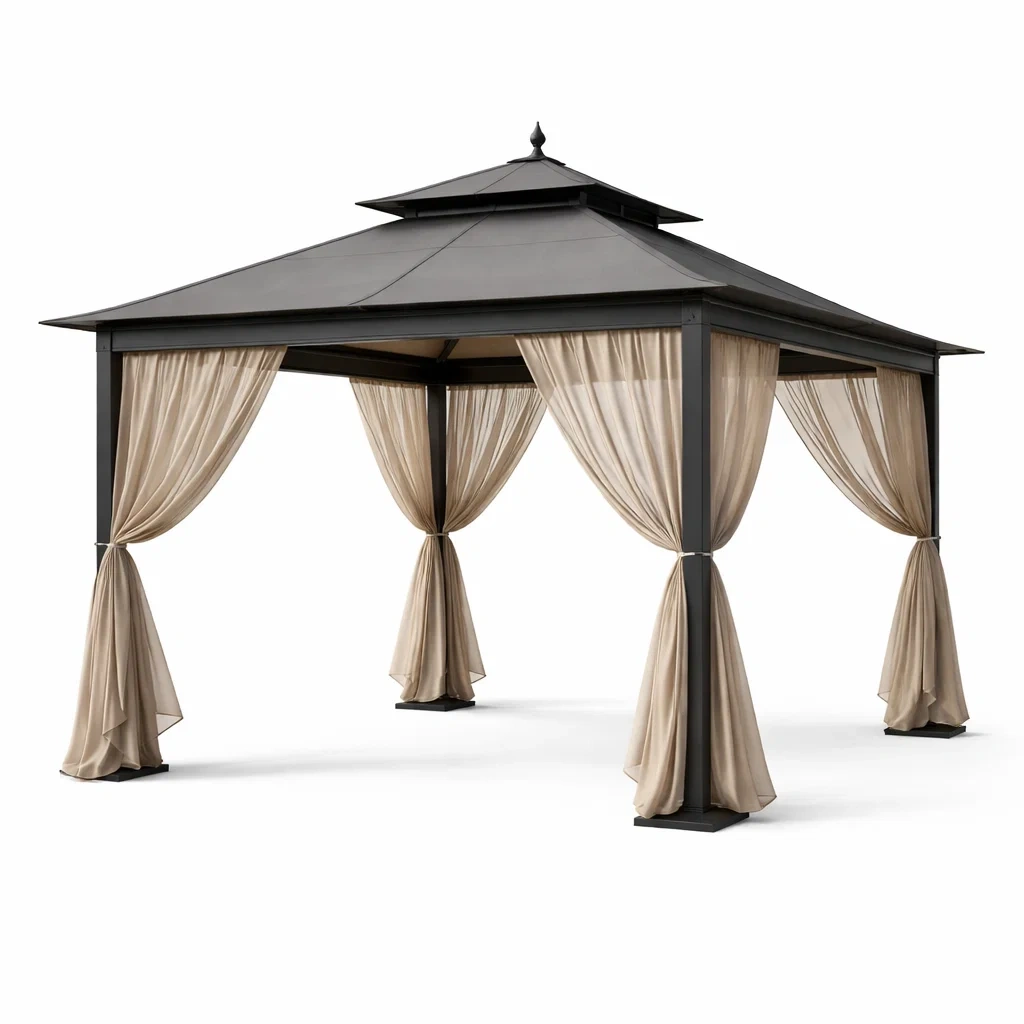 Gazebo da giardino in alluminio con tetto in acciaio e tendine-LUXECRIBZZ