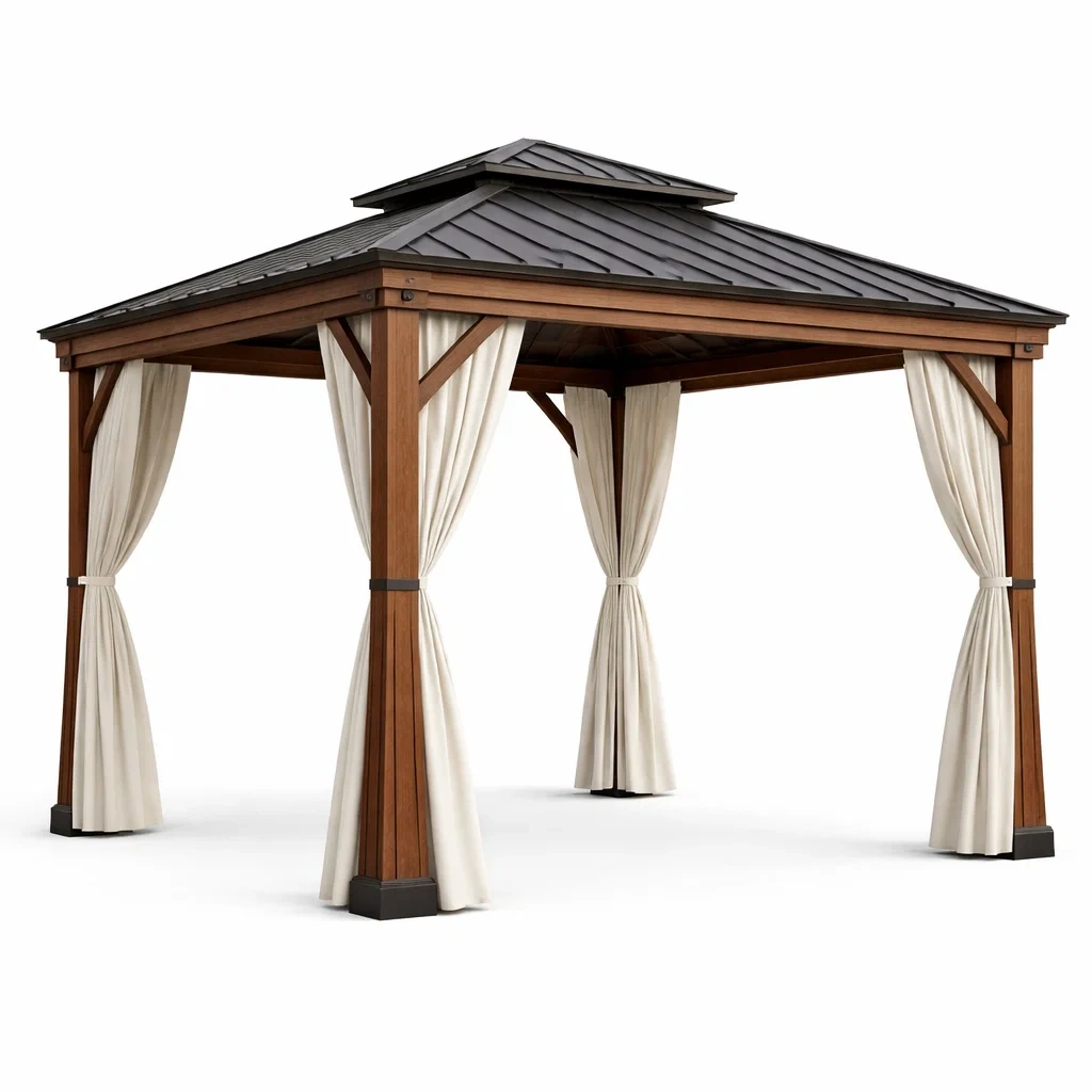 Gazebo da giardino in legno e metallo con tetto e tende in poliestere-LUXECRIBZZ