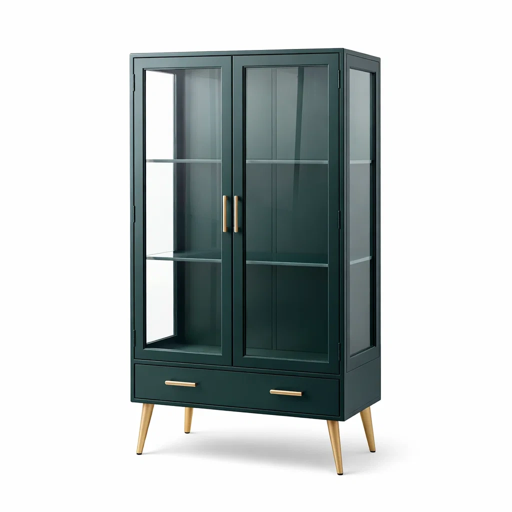 Vetrina in Legno Verde con Ante in Vetro Temperato e Gambe Dorate-urbanlivingoasis