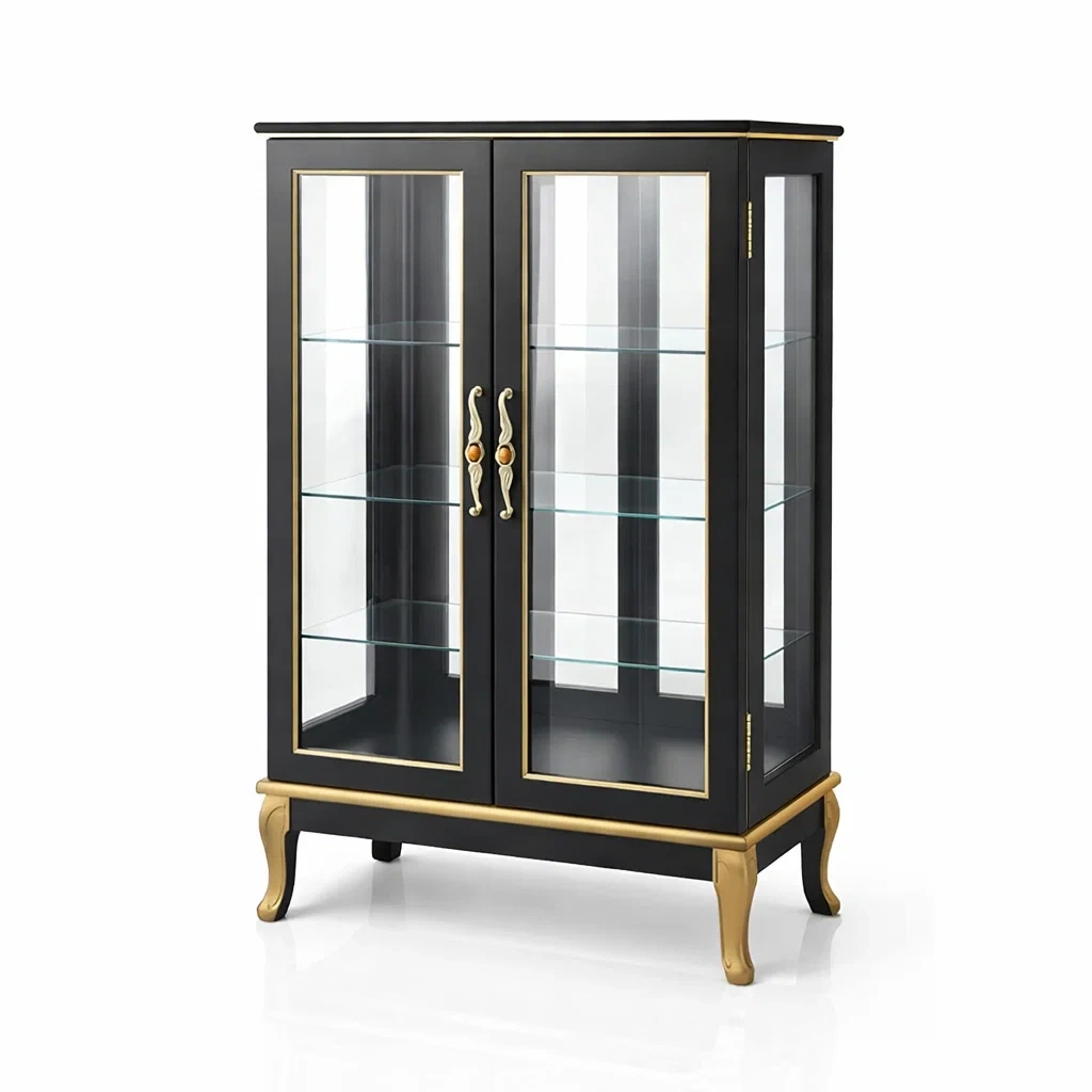 Vetrina in Legno Nero con Ripiani in Vetro Temperato e Gambe Dorate-urbanlivingoasis