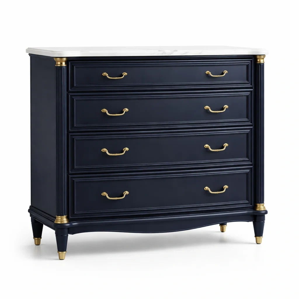 Cassettiera in Legno Blu Scuro con Piano in Marmo Bianco-urbanlivingoasis