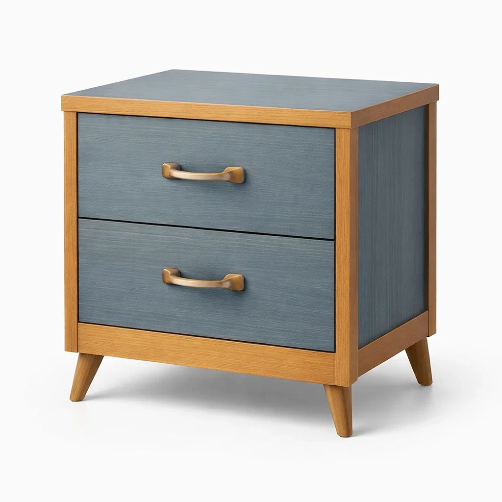 Comodino Blu e Legno con 2 Cassetti-urbanlivingoasis