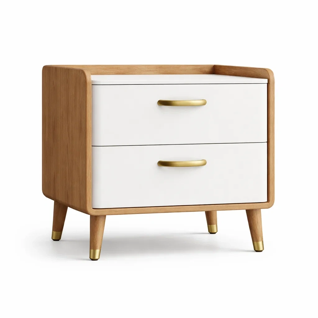 Comodino in Legno e MDF con Due Cassetti e Maniglie in Ottone-urbanlivingoasis