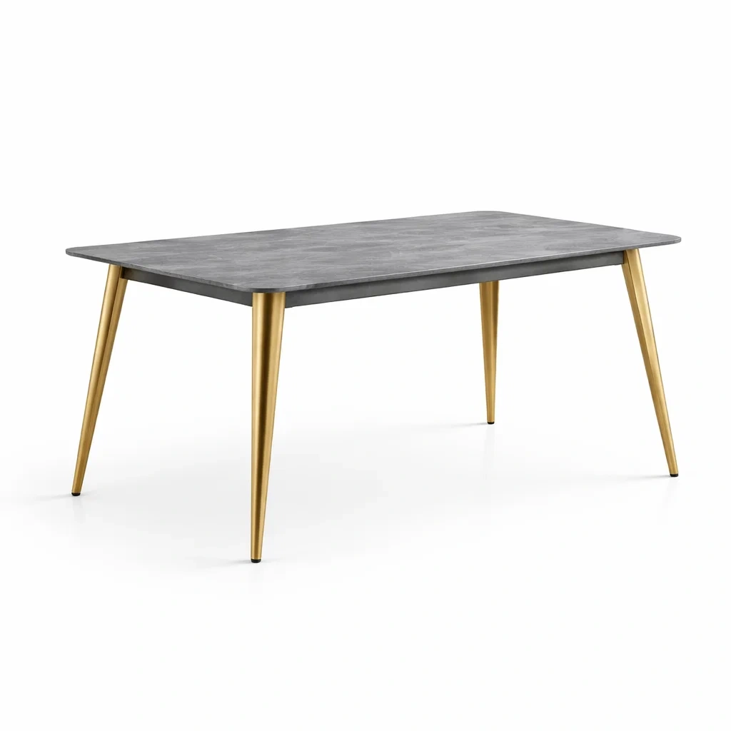 Tavolo da pranzo rettangolare in MDF Effetto Cemento con Gambe in Metallo Dorato Dimensioni 160 x 90 x 75 cm-urbanlivingoasis