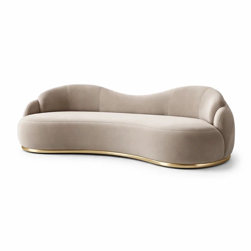 Divano Curvo in Velluto Beige con Base in Metallo Dorato-urbanlivingoasis