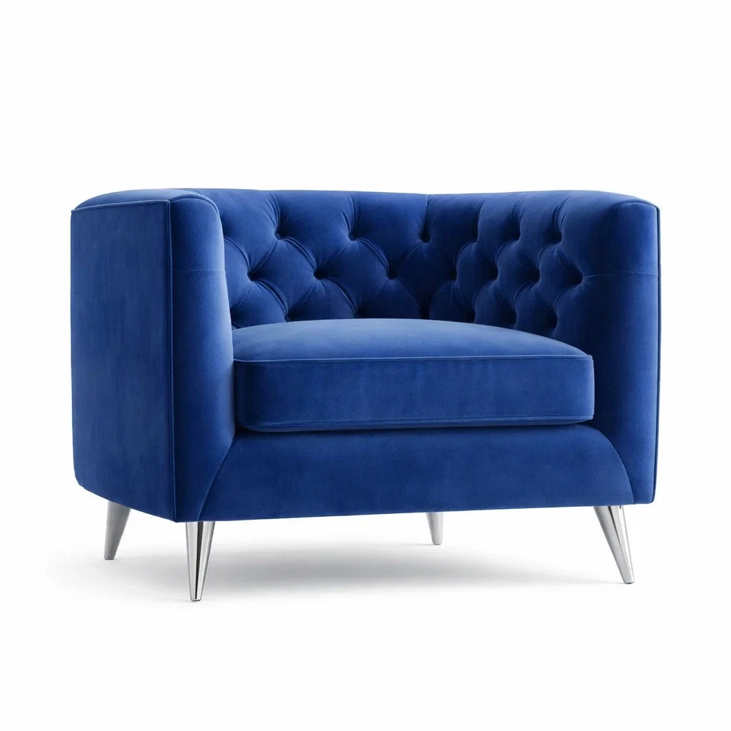 Poltrona in Velluto Blu con Gambe in Acciaio-urbanlivingoasis