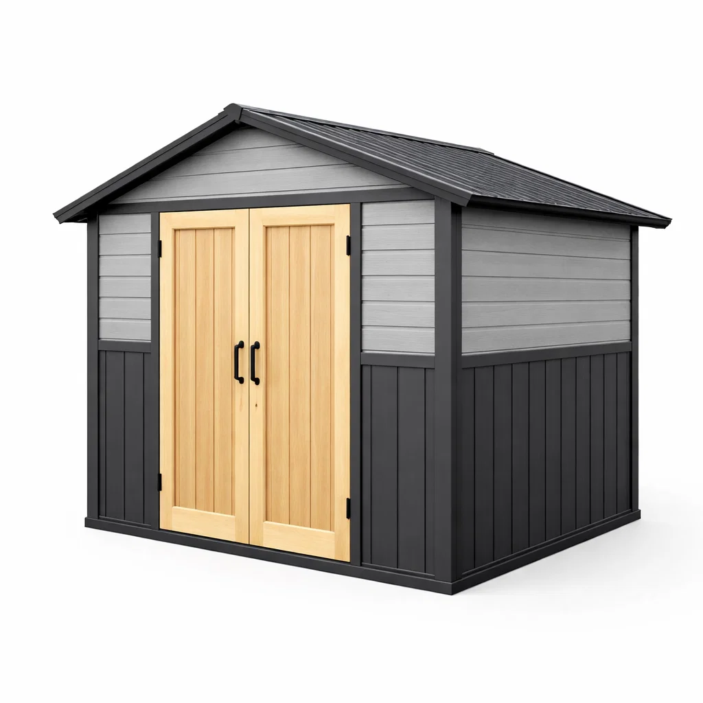 Abri de jardin en résine gris et beige avec portes en bois-Cosy Cab Ine