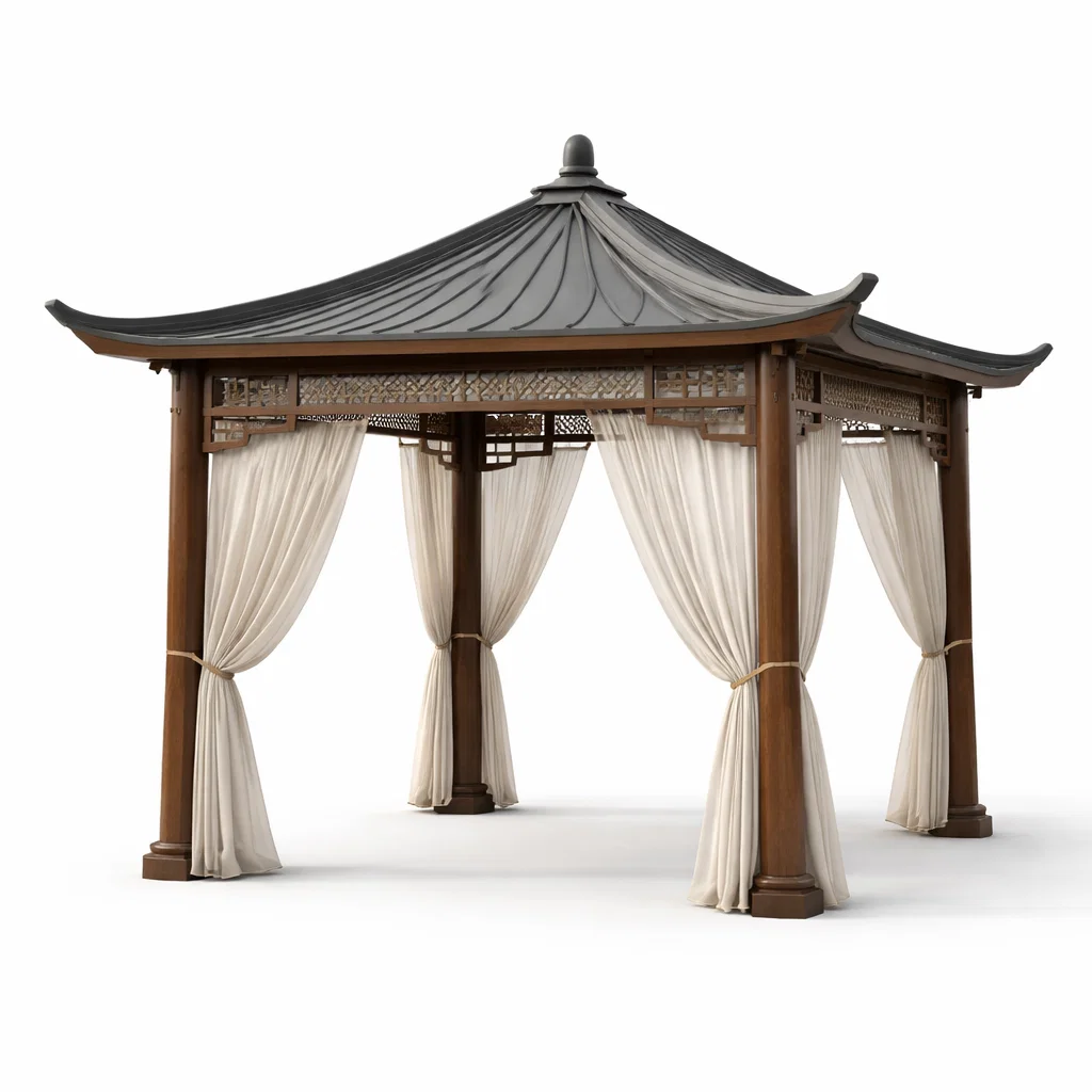 Pavillon de jardin en bois avec toit en métal et rideaux écru-Cosy Cab Ine