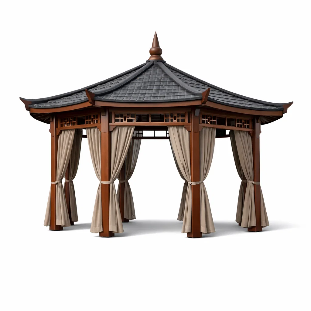 Pavillon de jardin hexagonal en bois et métal gris avec rideaux en polyester-Cosy Cab Ine