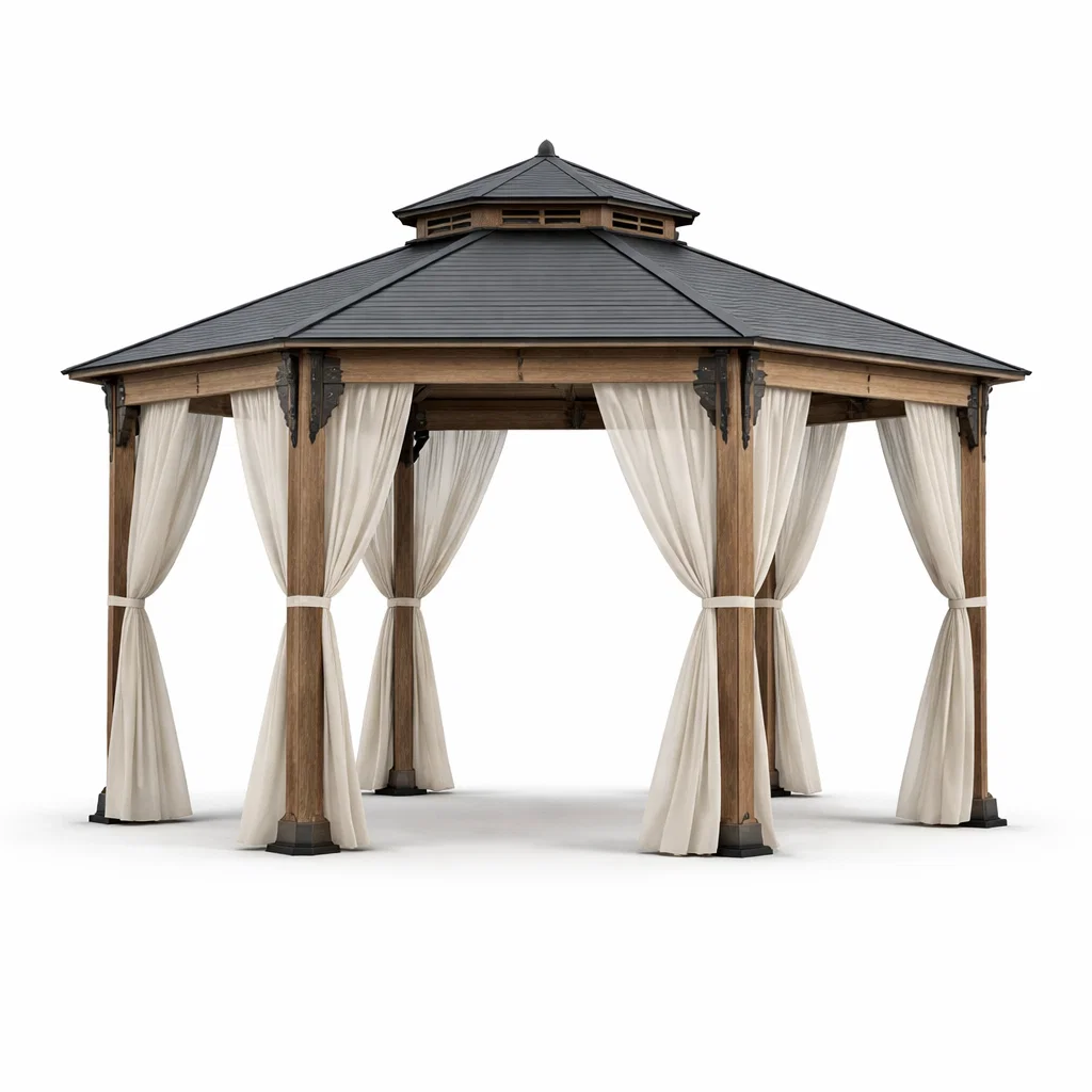 Pavillon hexagonal en bois et métal avec rideaux beige-Cosy Cab Ine