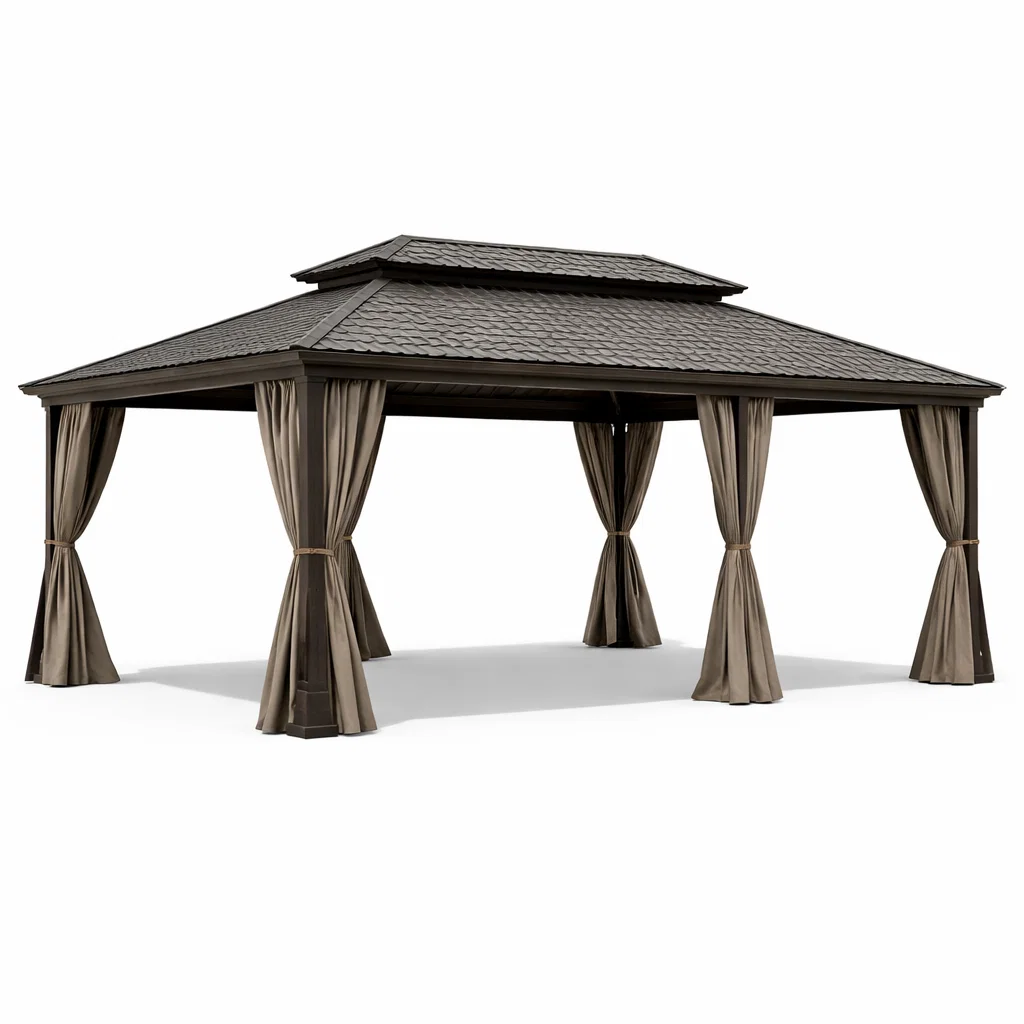 Pavillon de jardin en métal avec rideaux taupe-Cosy Cab Ine