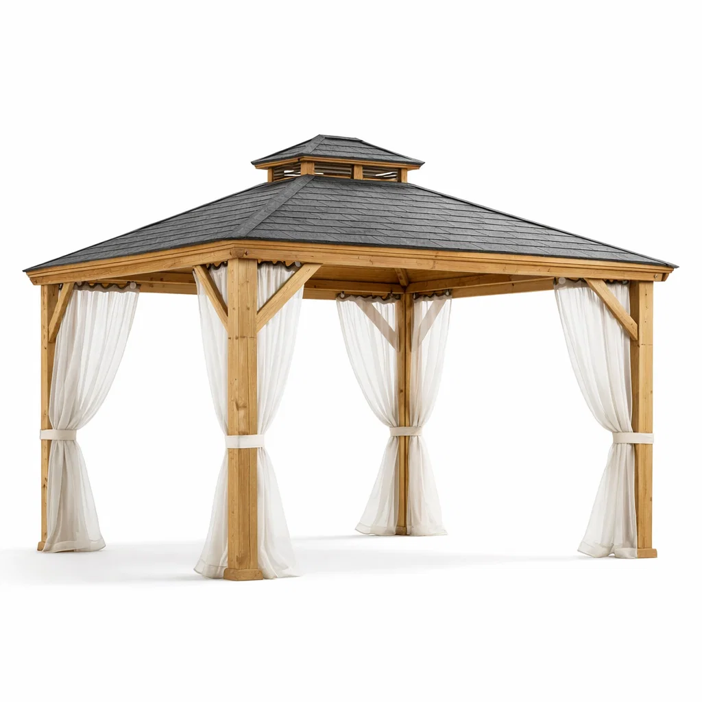 Pavillon de jardin en bois avec toit métallique et rideaux en polyester-Cosy Cab Ine