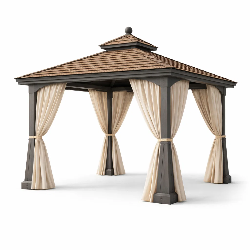 Pavillon carré extérieur en bois et acier avec rideaux beige-Cosy Cab Ine