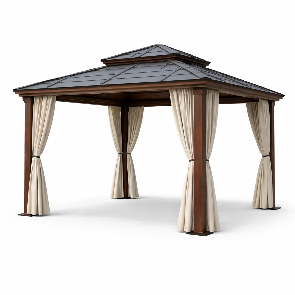 Pavillon de jardin en bois et métal avec rideaux beige-Cosy Cab Ine