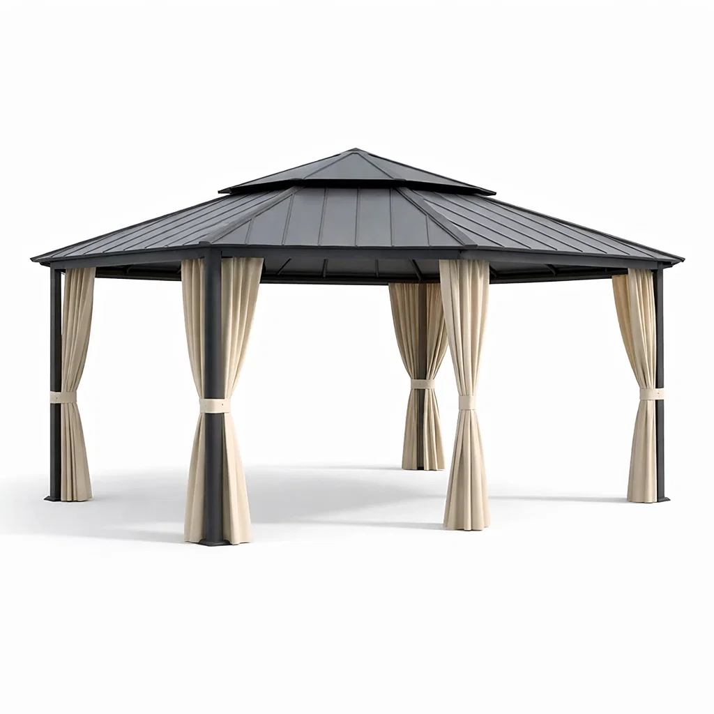 Pavillon de jardin en aluminium avec toit en métal et rideaux en polyester gris et beige-Cosy Cab Ine
