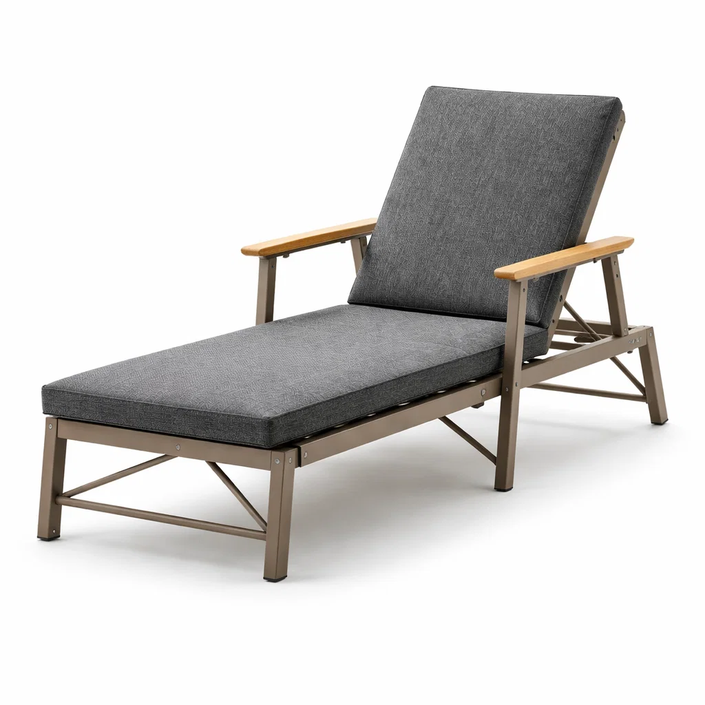 Chaise longue réglable en aluminium avec tissu polyester gris et accoudoirs en bois-Cosy Cab Ine