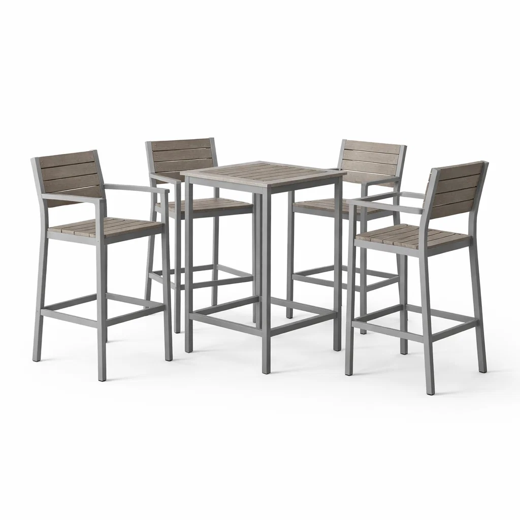 Ensemble de bar avec table haute et chaises en aluminium et bois gris-Cosy Cab Ine