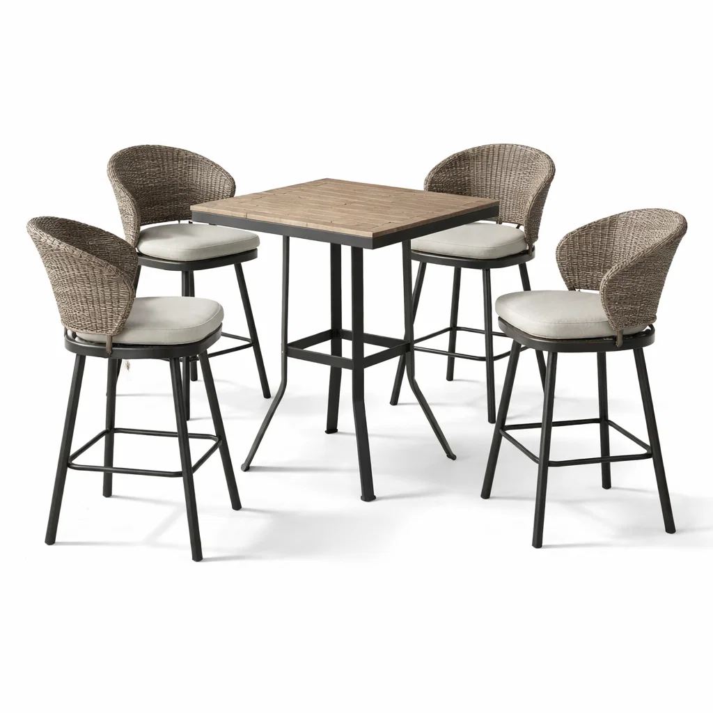 Ensemble de bar avec table haute en métal et bois et tabourets en rotin-Cosy Cab Ine