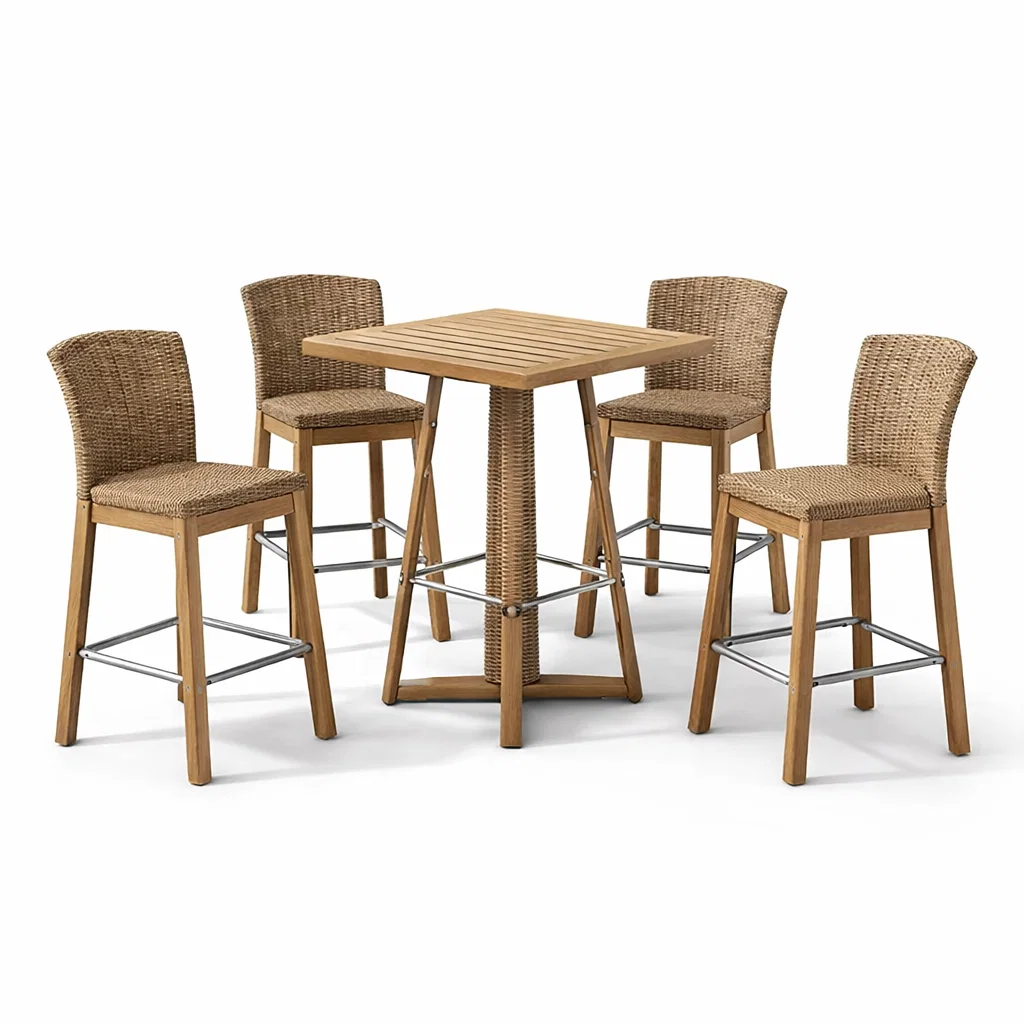 Ensemble de bar avec table haute carrée en teck et tabourets en rotin naturel-Cosy Cab Ine
