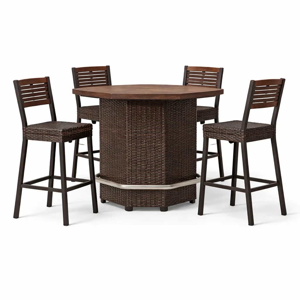 Ensemble de bar en rotin avec table en bois et tabourets en acier-Cosy Cab Ine