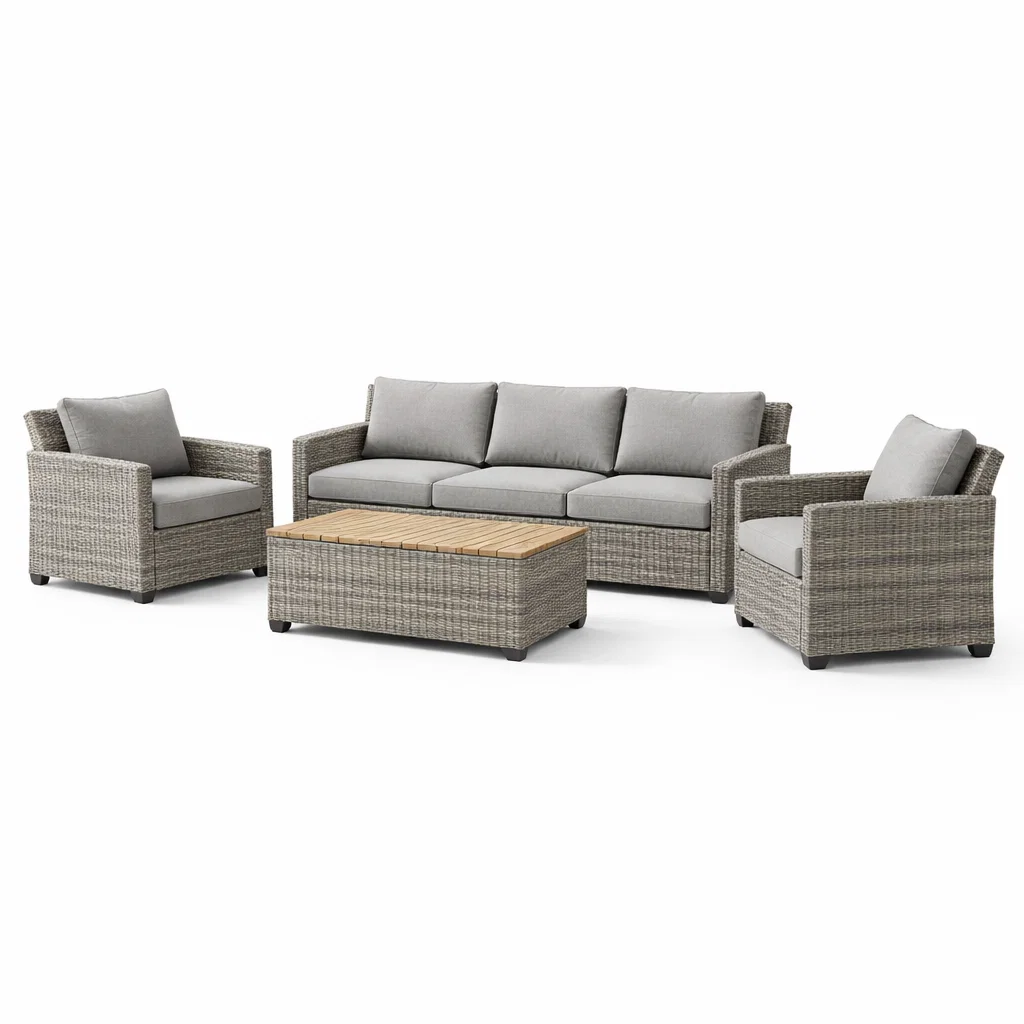 Ensemble de canapés de jardin en aluminium et résine tressée avec coussins gris et bois naturel-Cosy Cab Ine