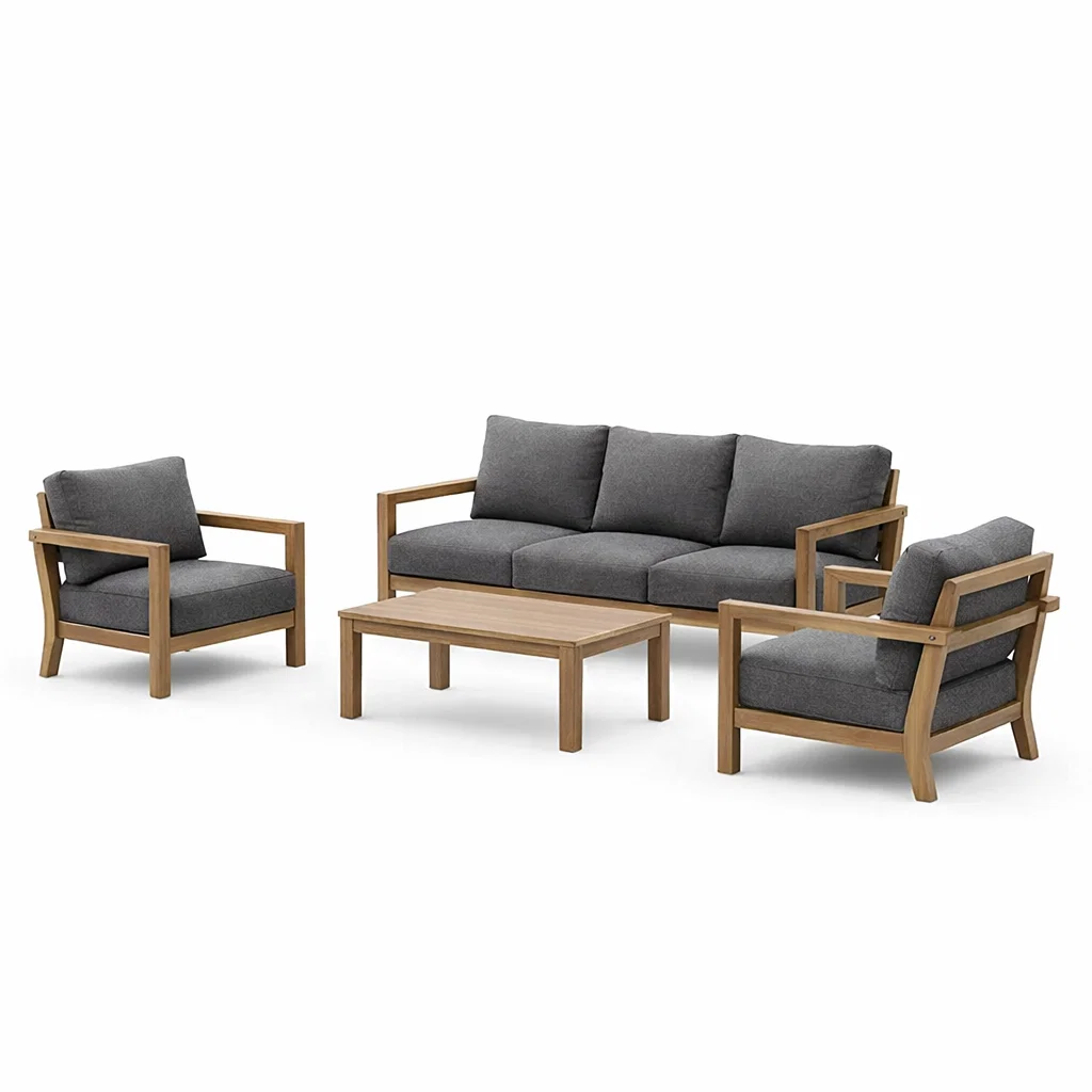 Ensemble de canapés d’extérieur en bois teck avec coussins en polyester gris-Cosy Cab Ine