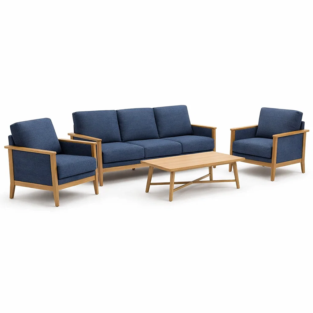 Ensemble de canapés en tissu bleu et bois-Cosy Cab Ine